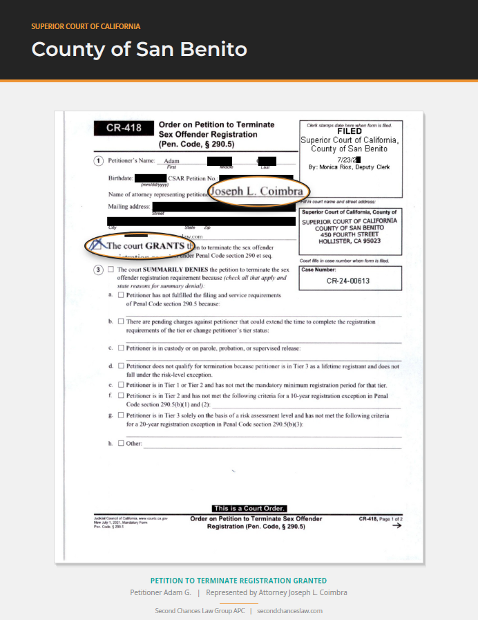 Triumphs: Registration Termination Court Orders from Throughout California