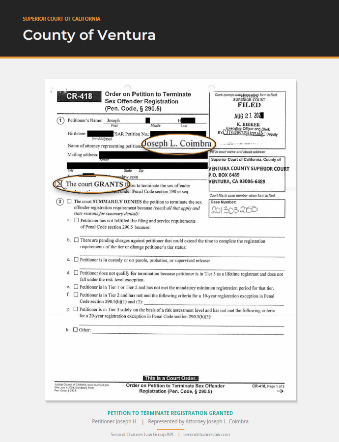 Triumphs: Registration Termination Court Orders from Throughout California