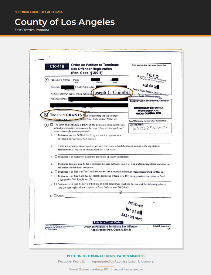 Triumphs: Registration Termination Court Orders from Throughout California
